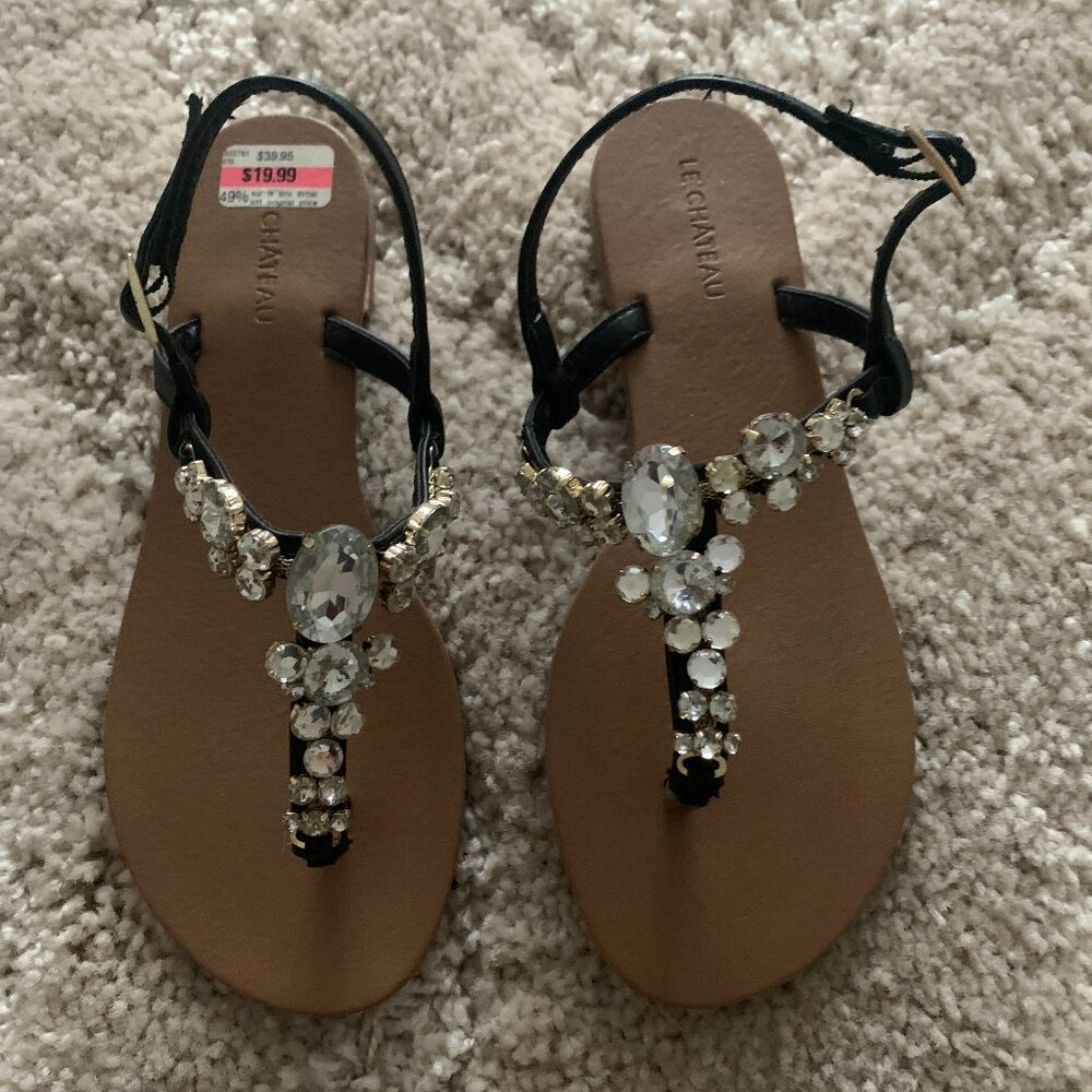 Le Chateau Black Flat Rhinestone Sandals (Brand New)